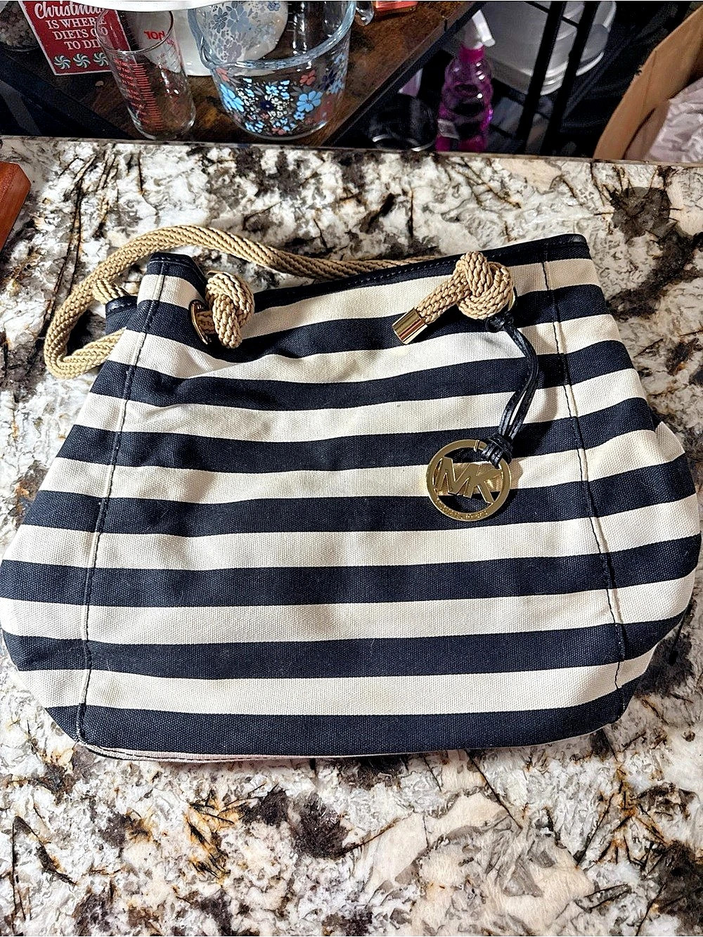 Michael Kors Marina Large Canvas Drawstring Tote Black & White